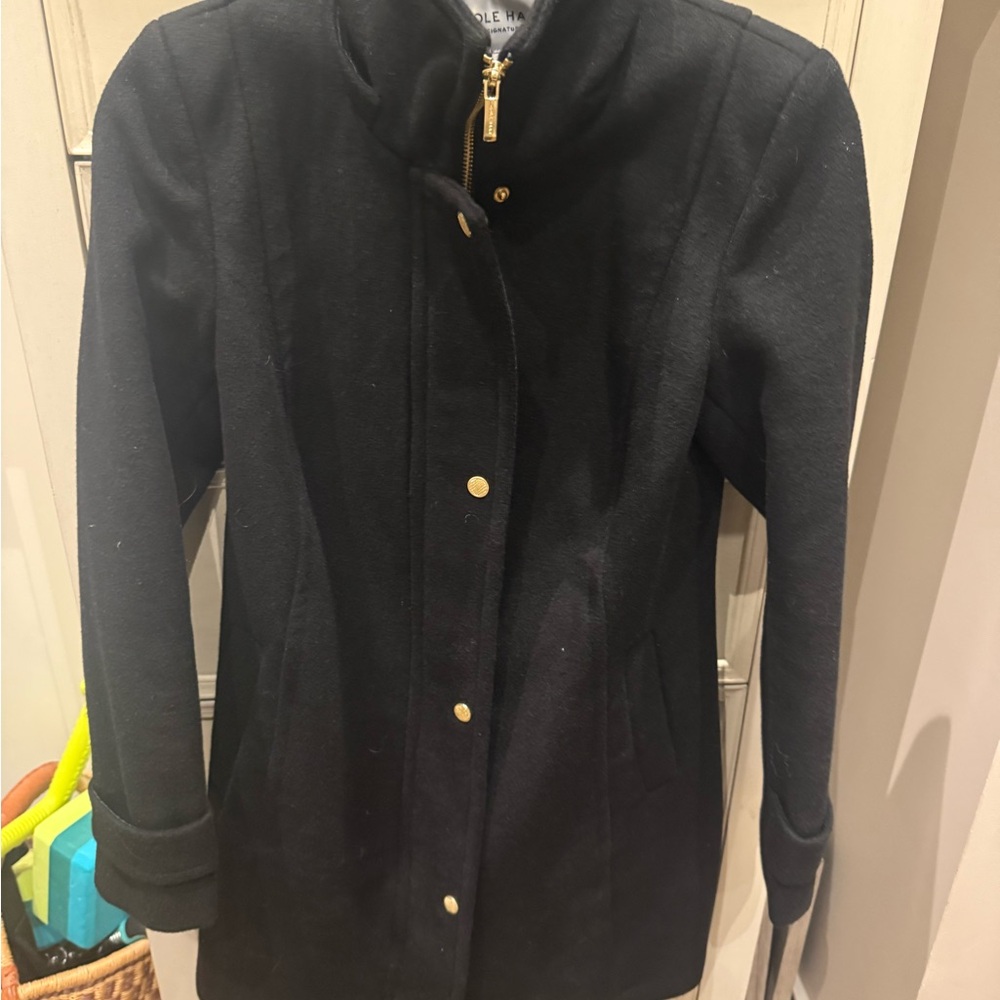 Cole Haan Black Pea Coat with Gold Accents